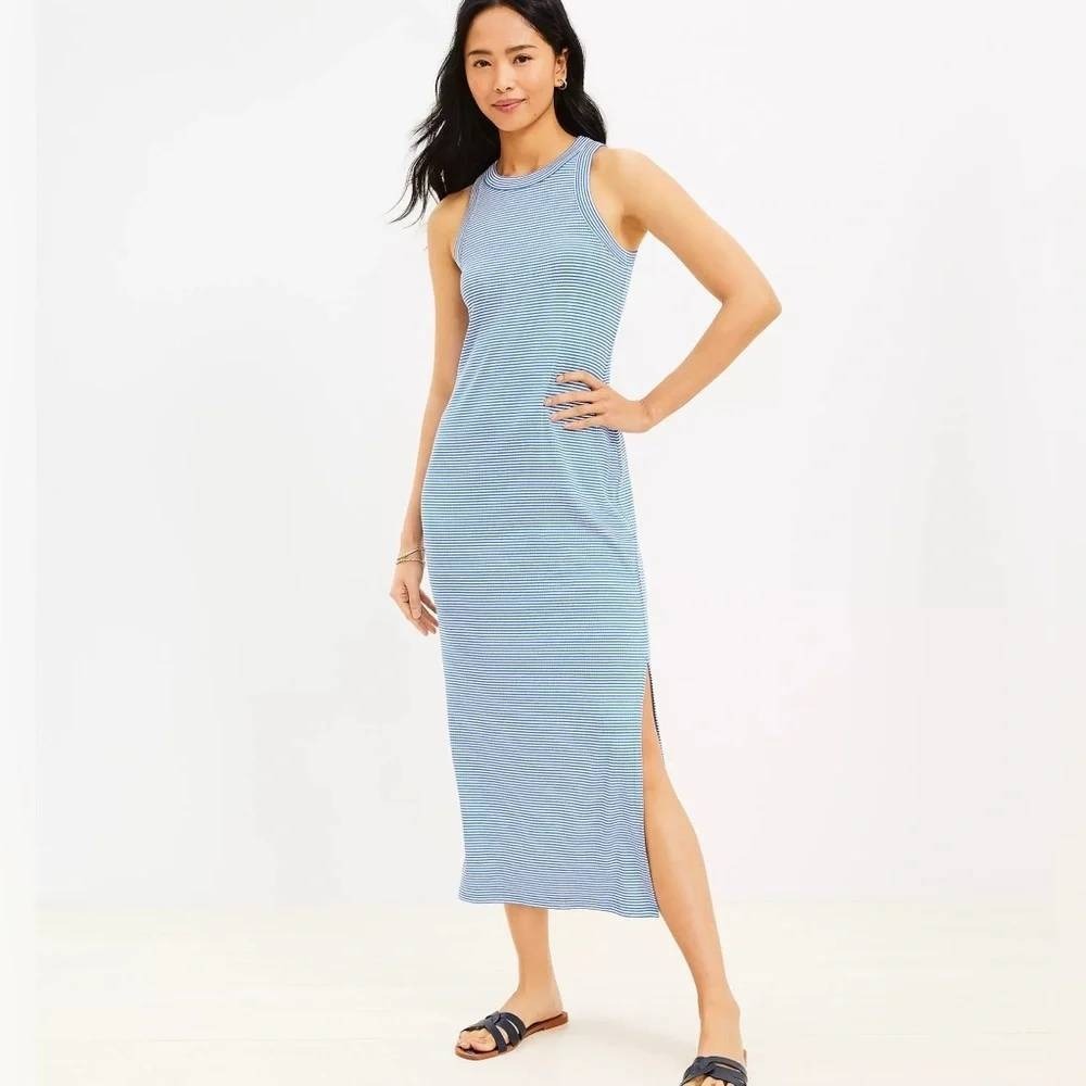 LOFT Striped Perfect Tank Midi Dress Ribbed Blue White L Nautical Coastal